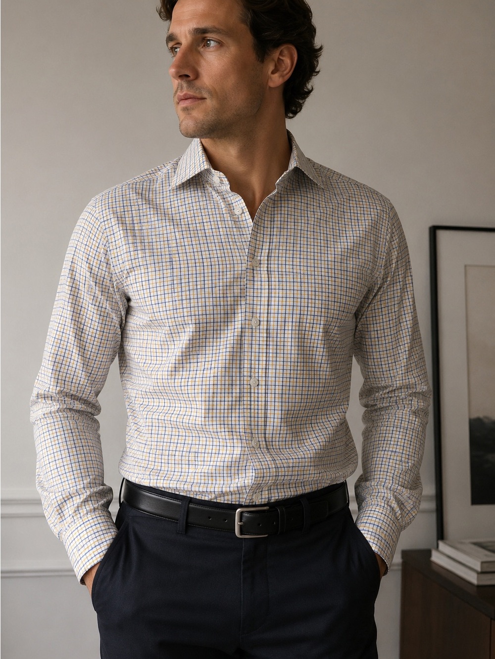 Charles Tyrwhitt Non-Iron Blue Yellow Check Dress Shirt 16.5 33 Preppy Corporate